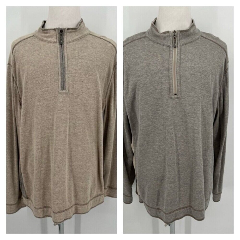 Tommy Bahama Reversible Mens Pullover 1/4 Zip Sweater XL Extra Large Beige & Gra